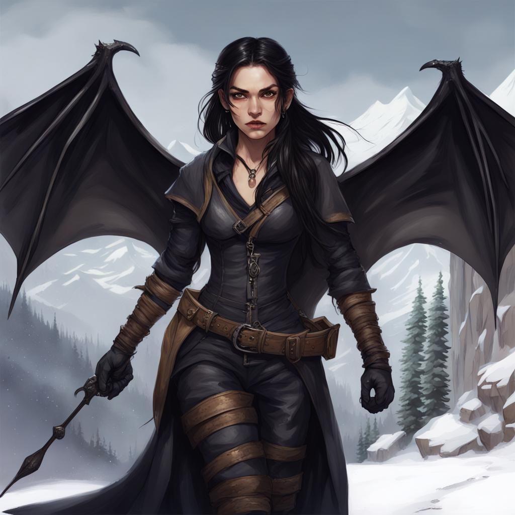 Fae Woman with Bat Wings in Snowy Town