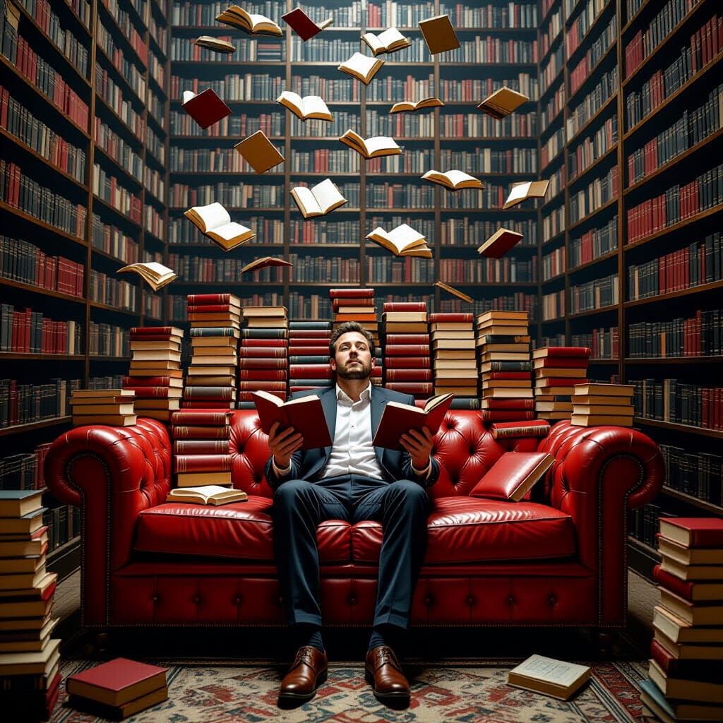 Surreal Library with Flying Books