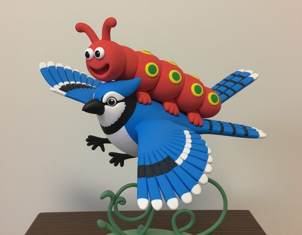 Happy Caterpillar Rides Blue Jay Sculpture