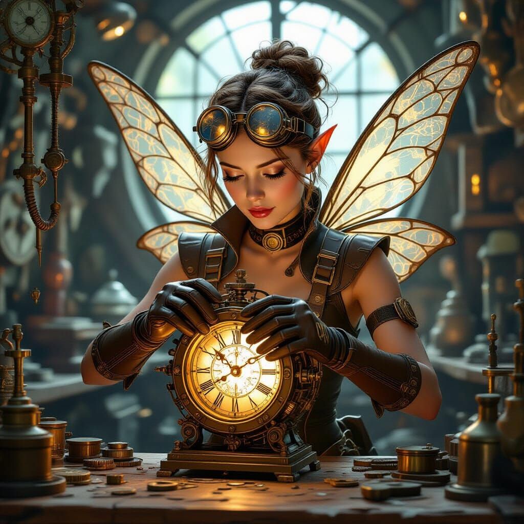 Steampunk Fairy Mechanic Tinkers with Clockwork Heart