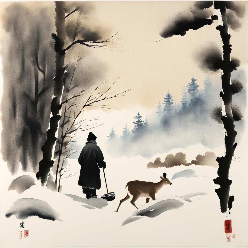 Winter Scene: Sumi-e Snow Shoveler with Deer