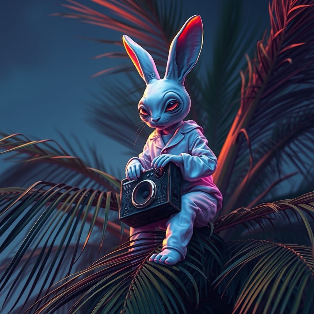 Iridescent Alien Rabbit in Film Noir Style