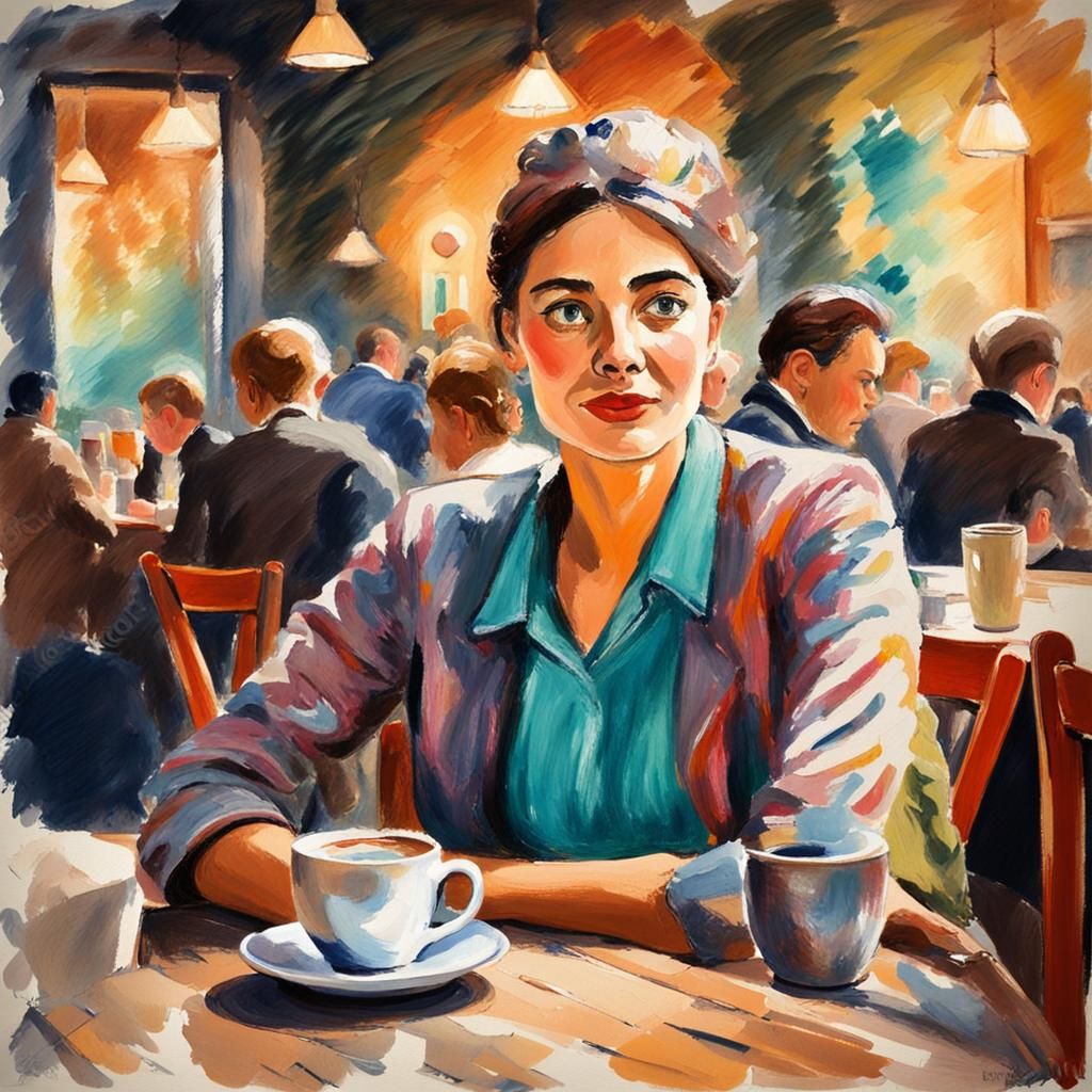 Romantic Watercolor: Woman in a Vintage Coffee House