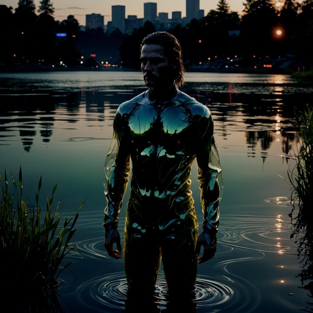 Hyperrealistic Lake Reflecting Time in Cyberpunk Style