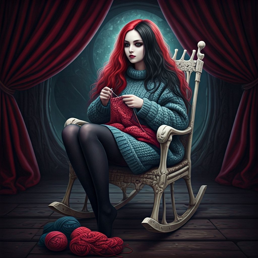 Gothic Woman Crocheting on Bone Rocking Chair