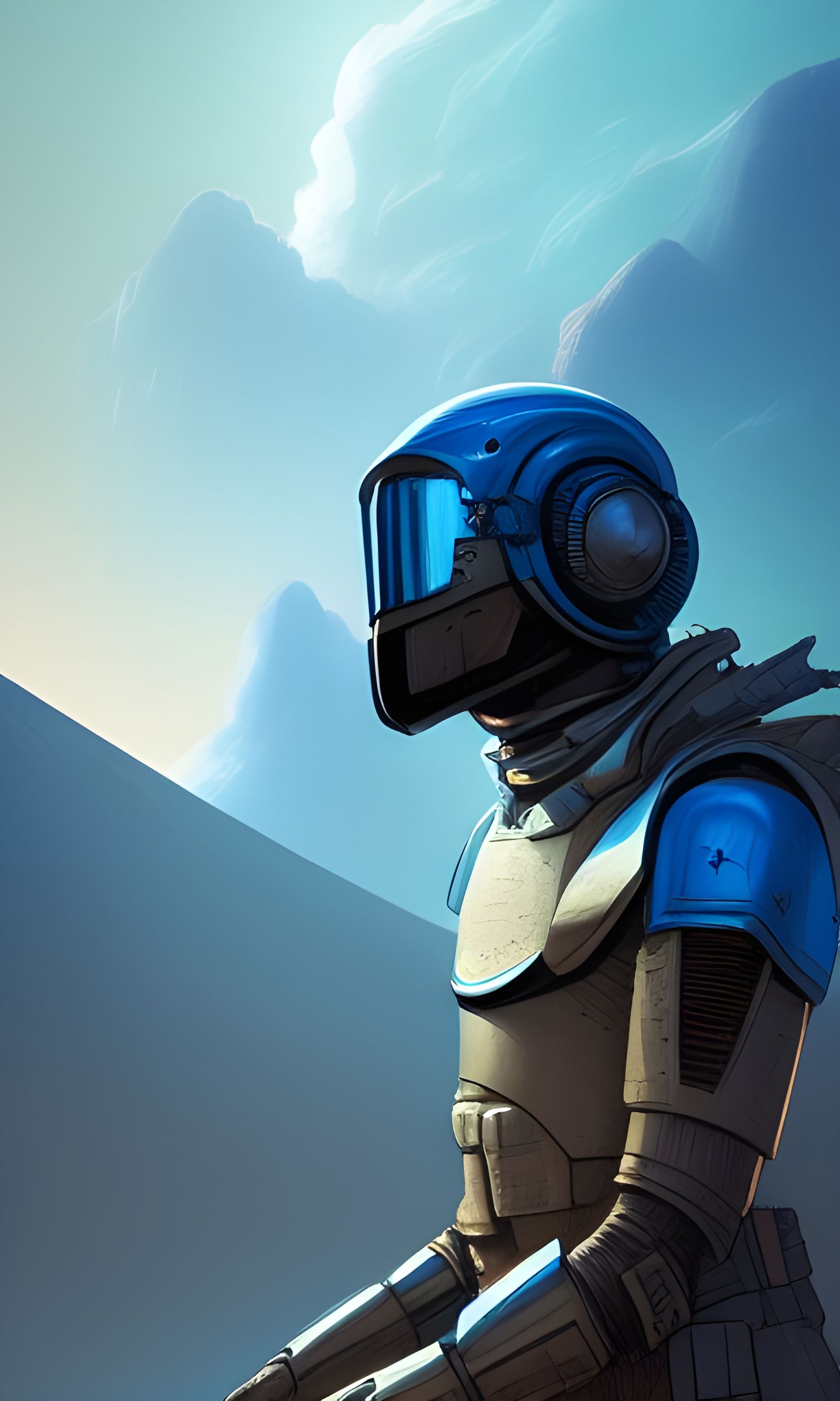 Blue Space Knight in Desert Landscape