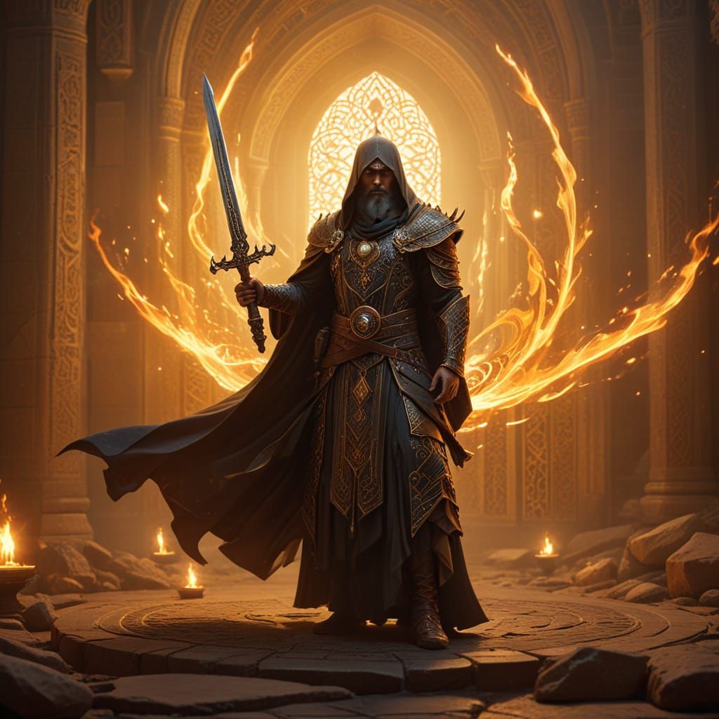 Arabian-Inspired Wizard Wields Majestic Flaming Sword