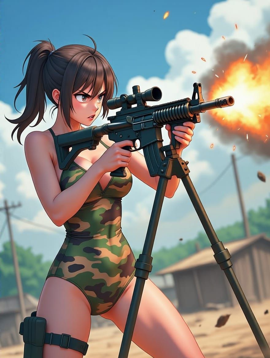 Petite Camouflage Warrior Firing Heavy Machine Gun in Intens...