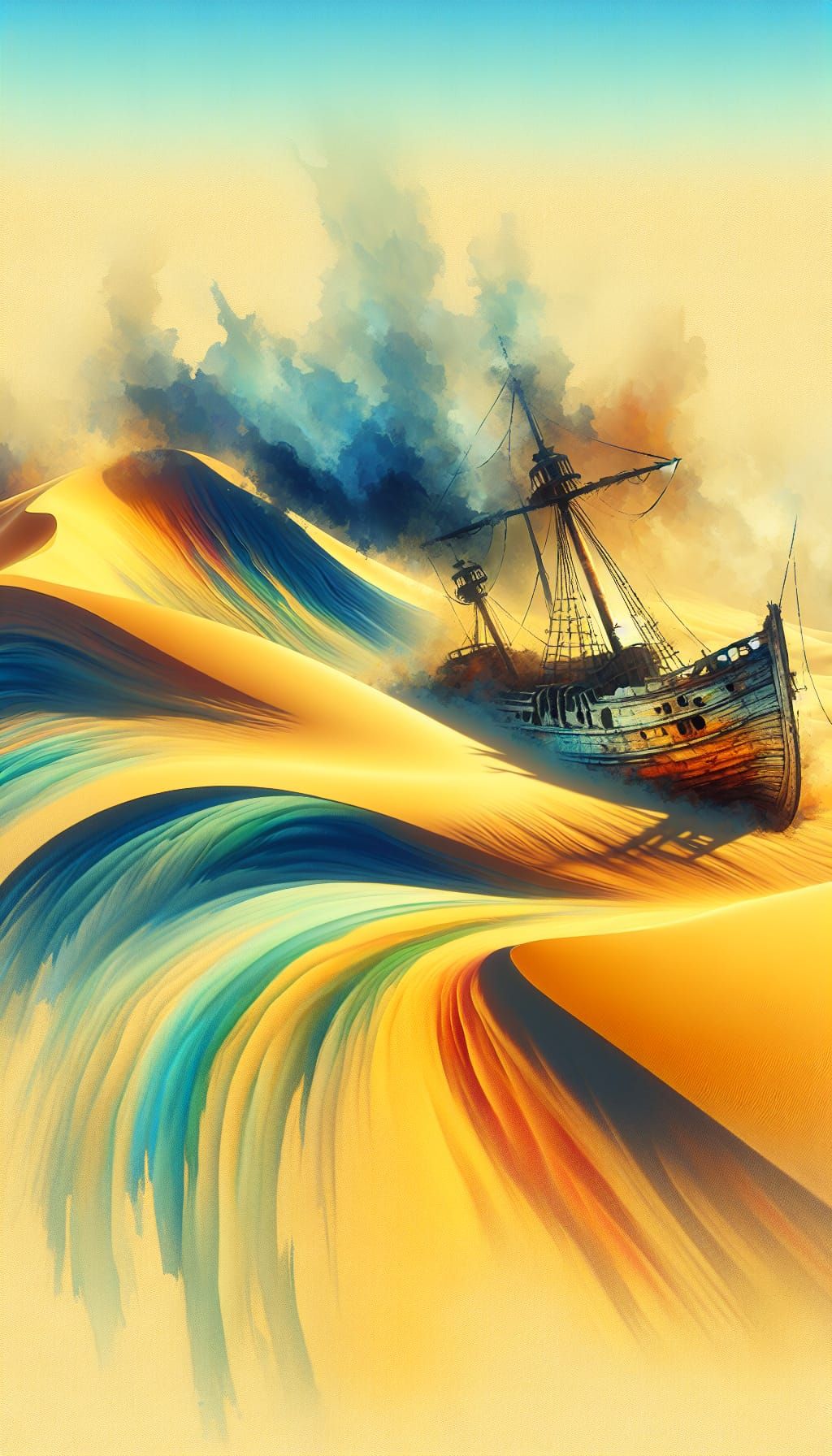Shipwreck Amidst Desert Sands in Whimsical Watercolor