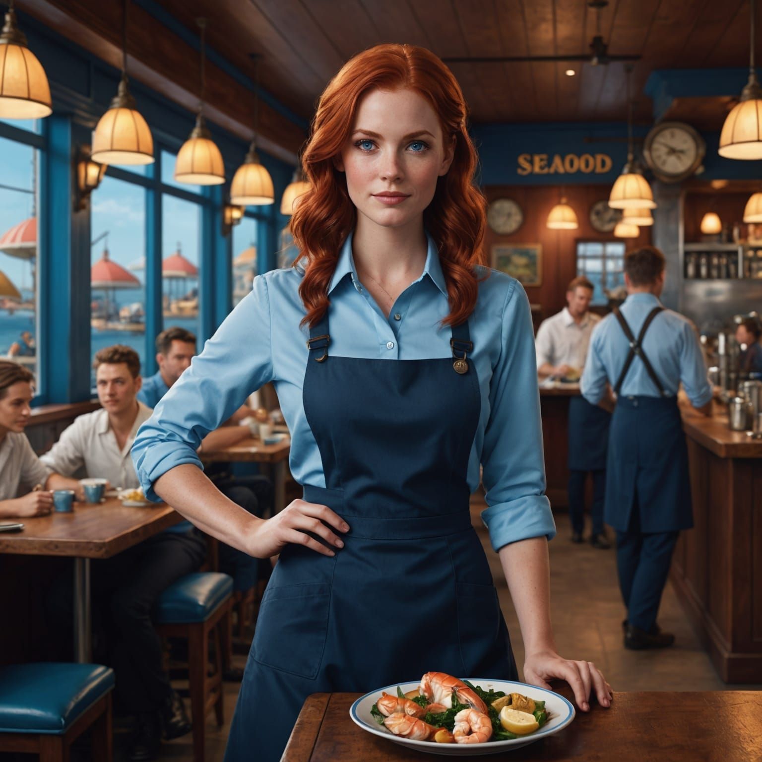 Red-Haired Waitress at Seafood Restaurant: Digital Art