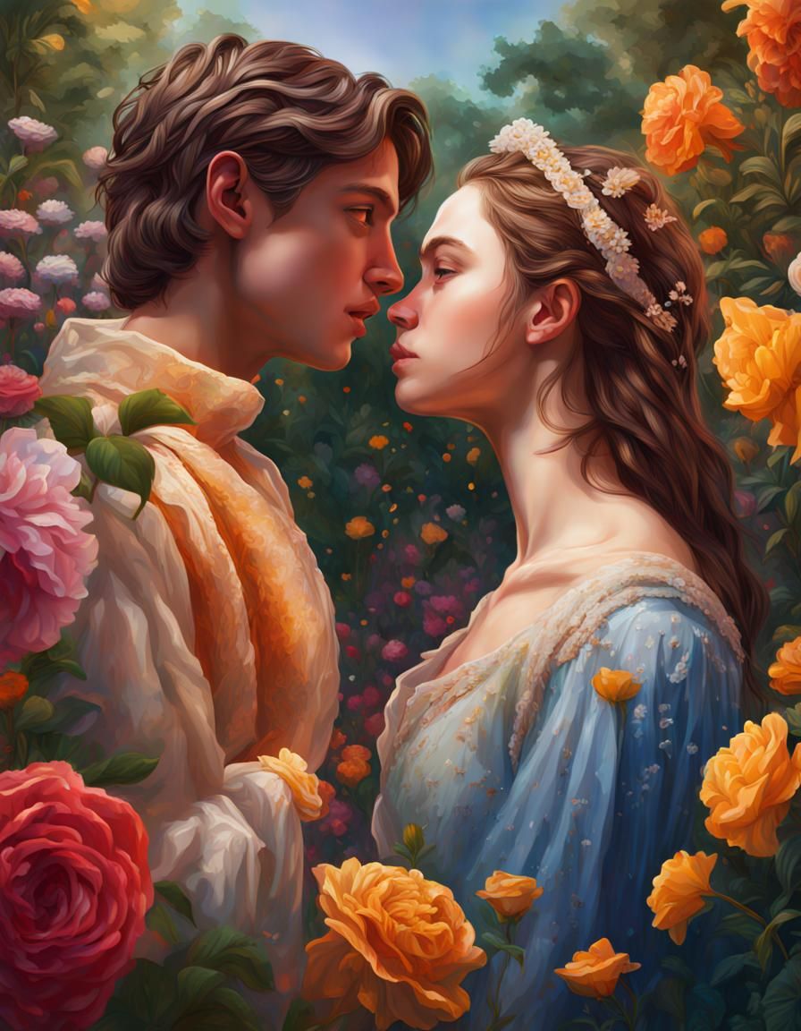 Romeo and Juliet in Hyperrealistic Flower Garden