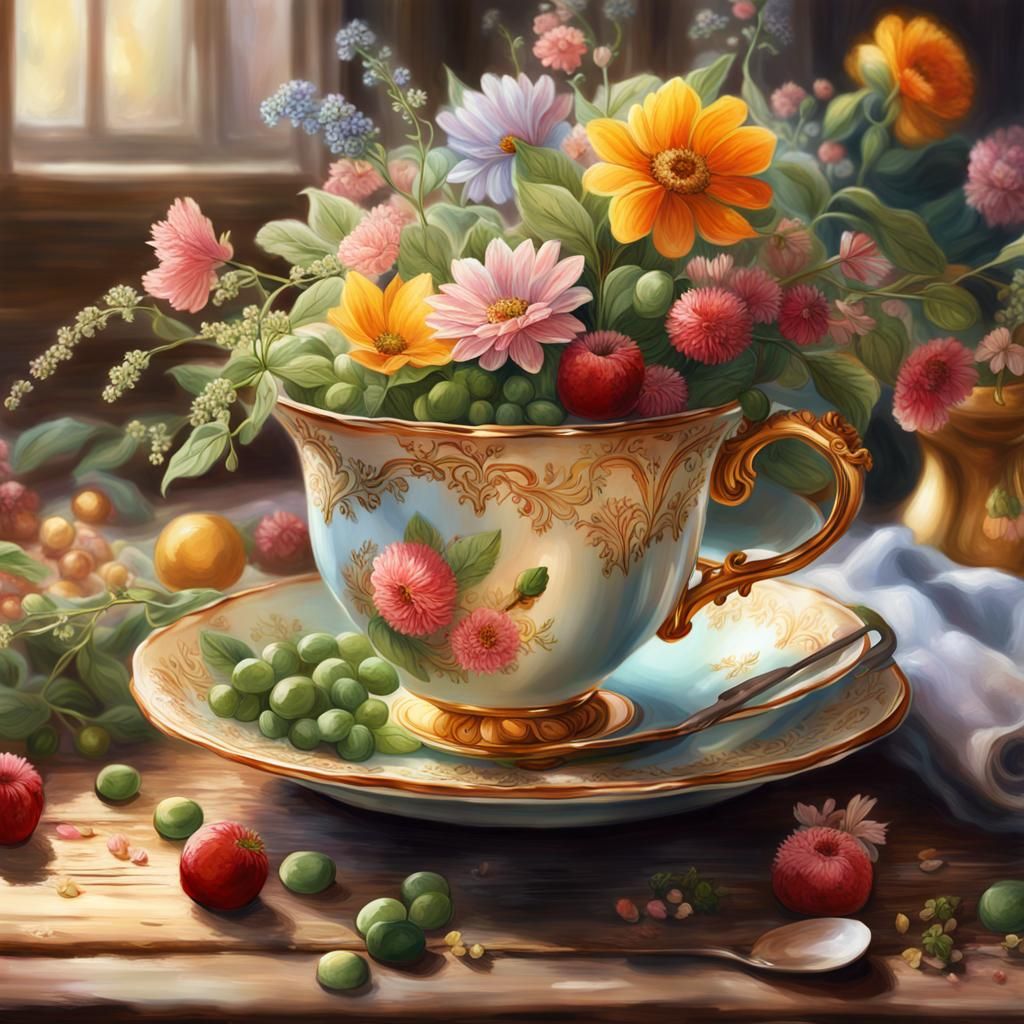 Victorian Cup Overflowing with Plant-Based Dishes