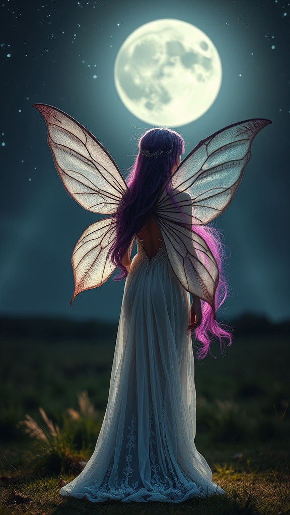 Mystical Purple-Haired Fairy in Moonlit Clearing