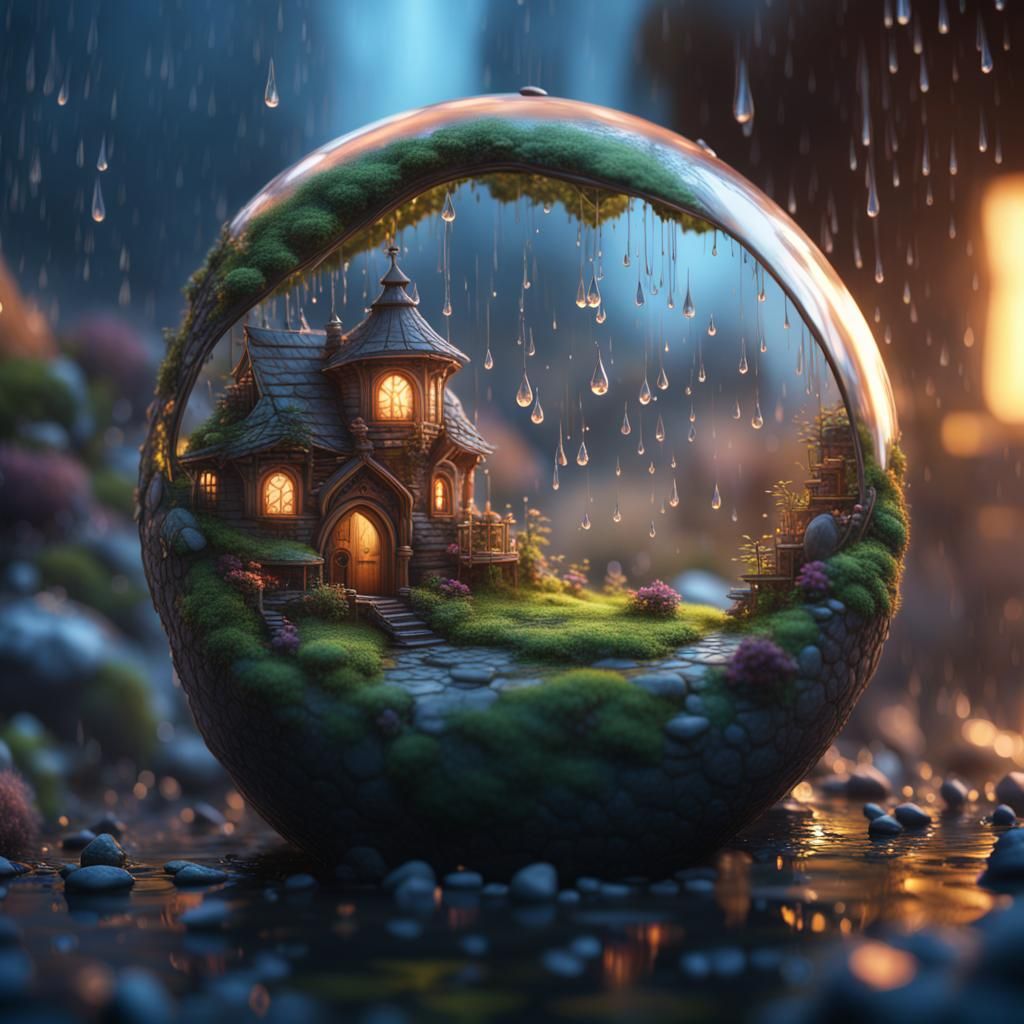 Tiny World in Raindrop: Detailed Fantasy Art