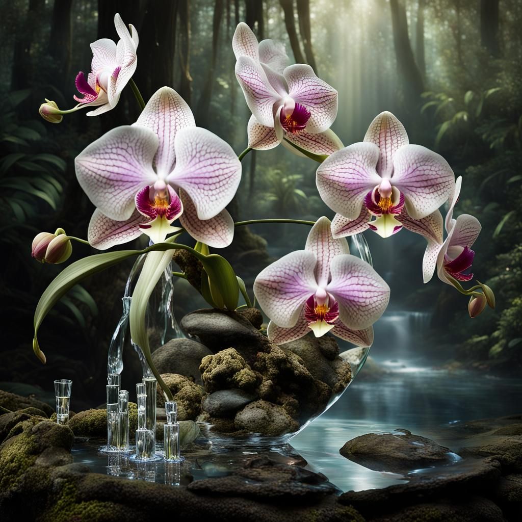 Crystal Orchids in Mystical Forest, Digital Matte Painting