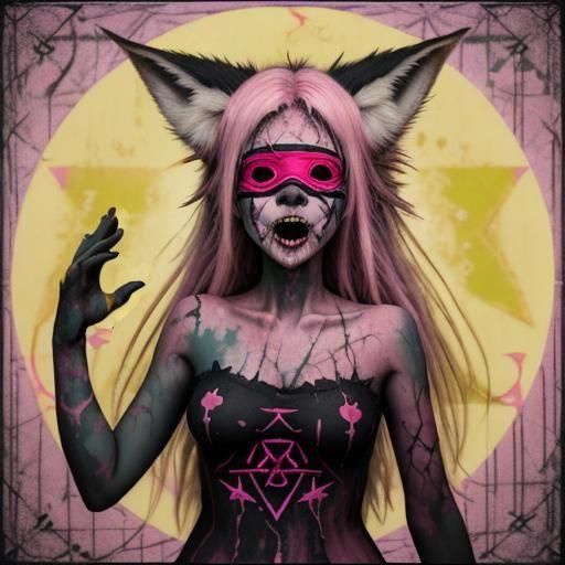 Fox-Eared Girl Chanting in Oil Pastel Style