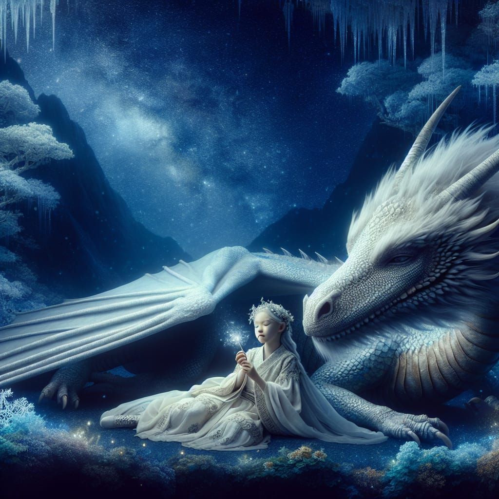 Girl and White Dragon Under Night Sky