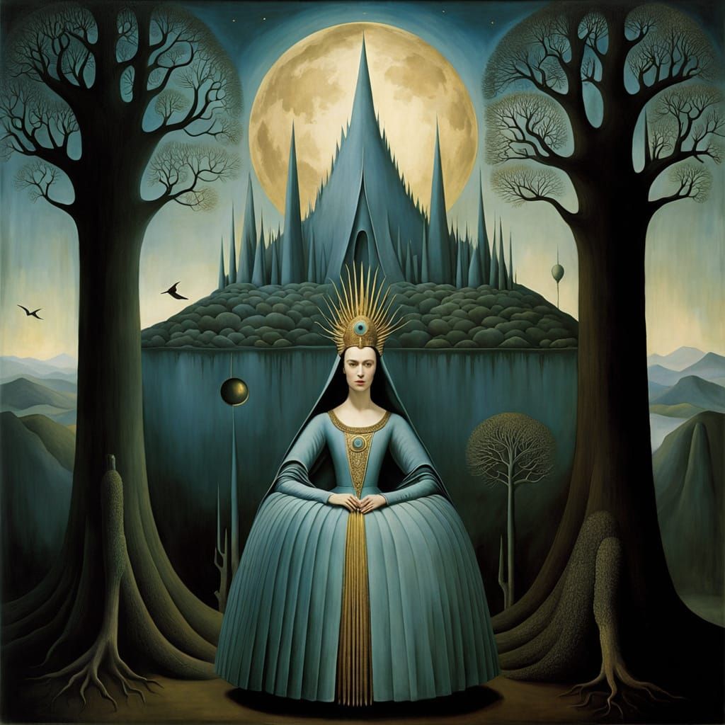 Surrealistic Landscape with Elemental Woman and Strange Crea...