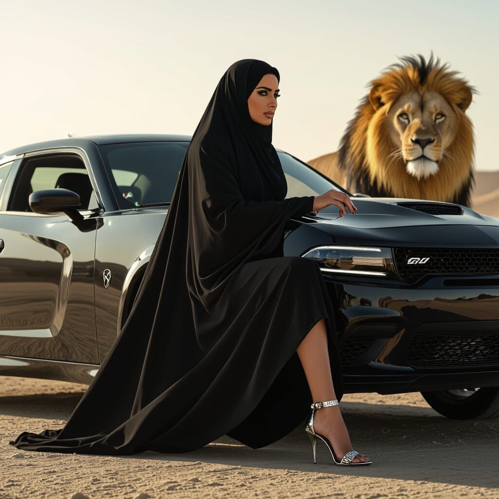 Egyptian Woman Drives Hellcat with Lion, in Retro Sci-Fi Sty...
