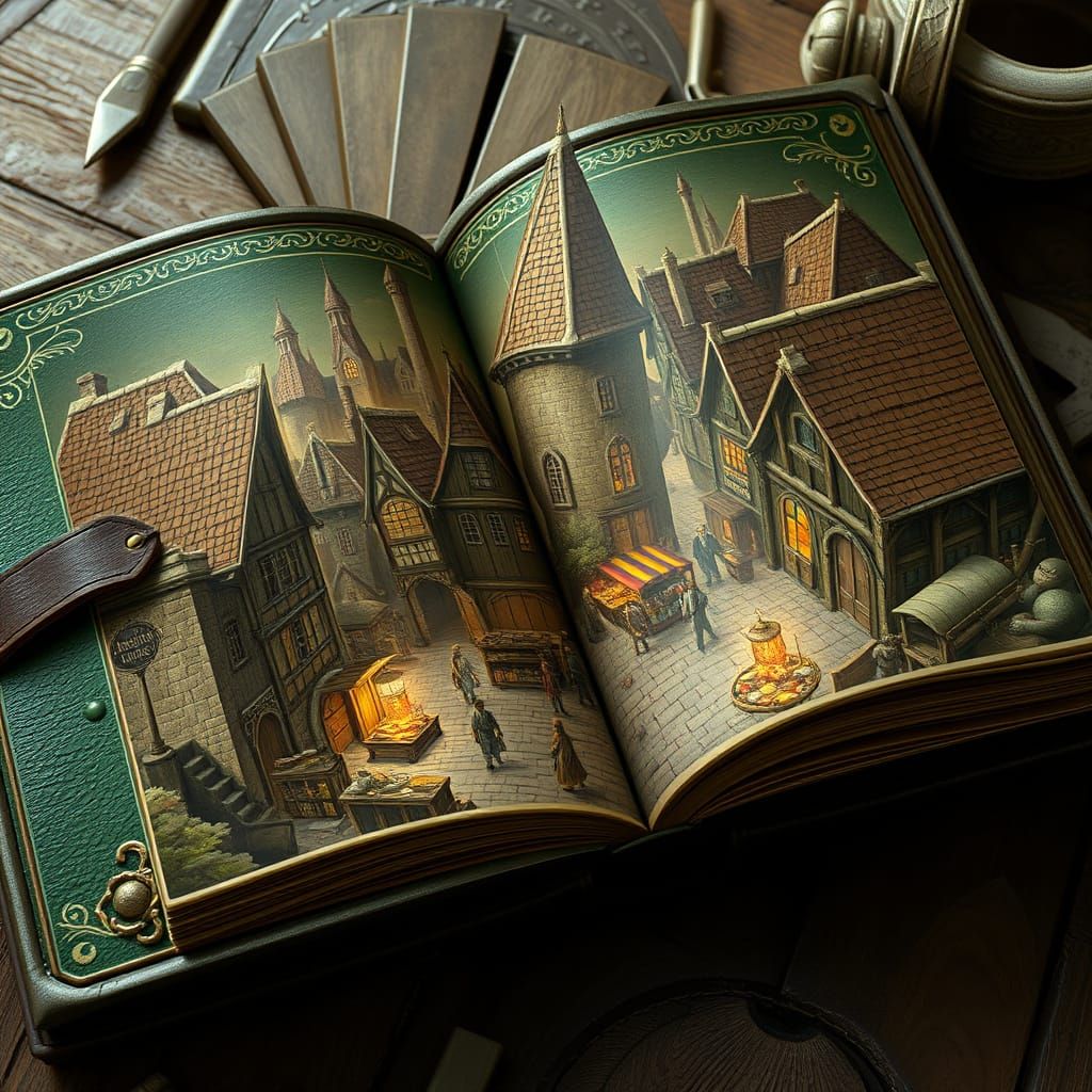 Fantasy Book Open To Medieval Town Illustration