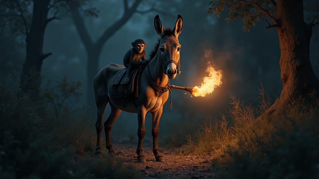 Donkey and Monkey Fearfully Await Cheetah's Response in Myst...