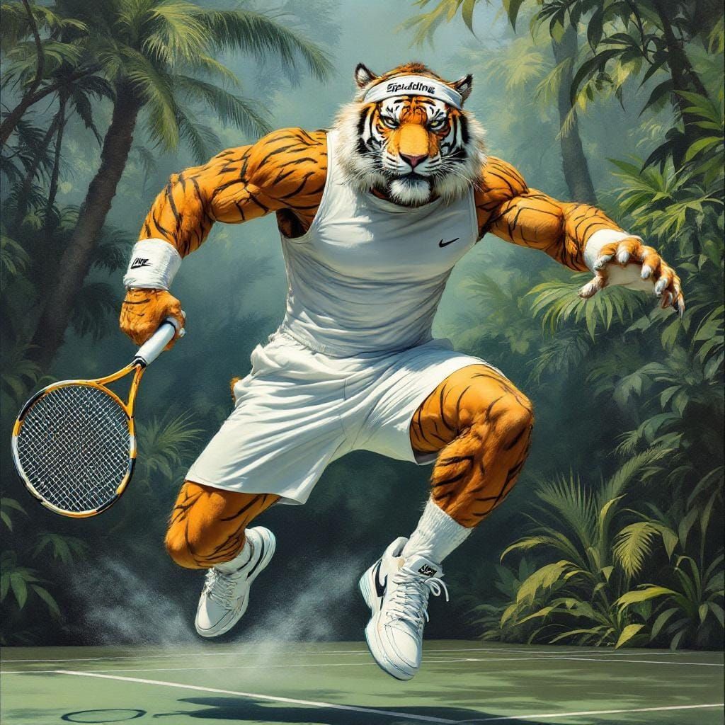 Tiger Tennis Player in Jungle Court, Oil Painting