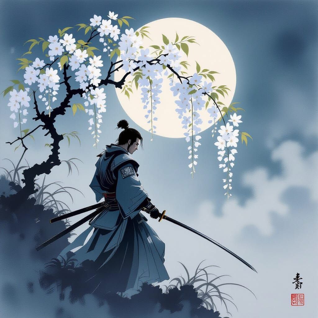 Samurai Warrior Under Spring Moon in Yamato-e Style