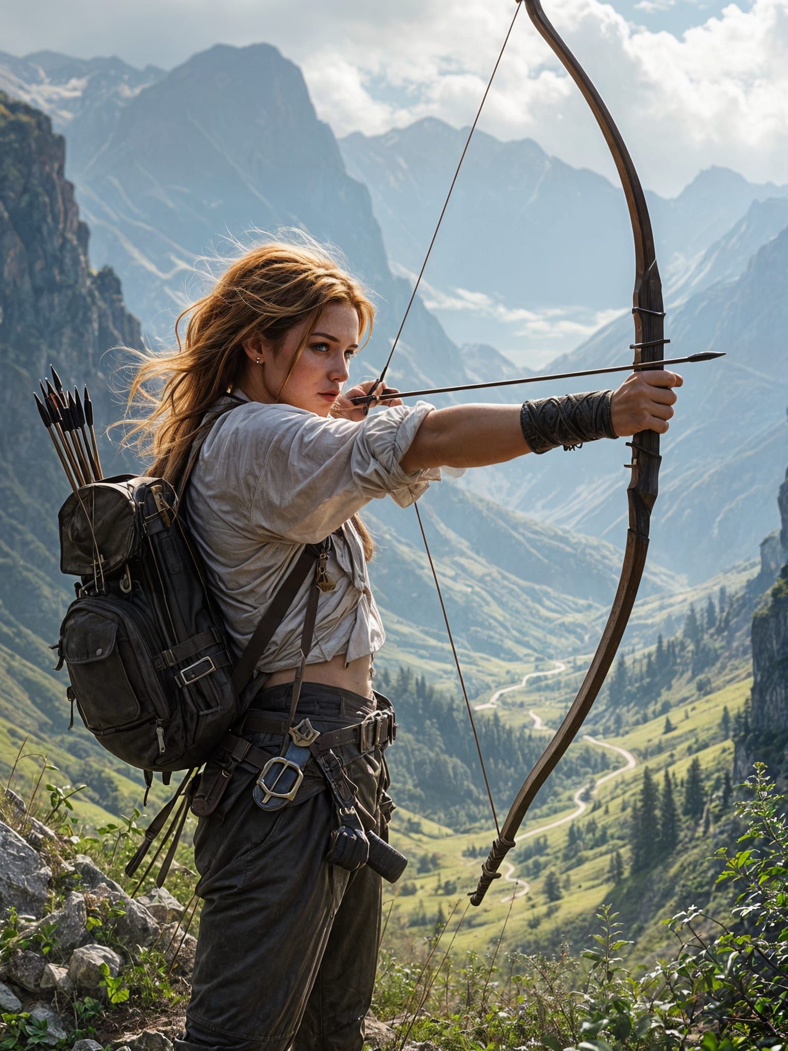 Redhead Archer Aims Bow in Dramatic Illustration Style