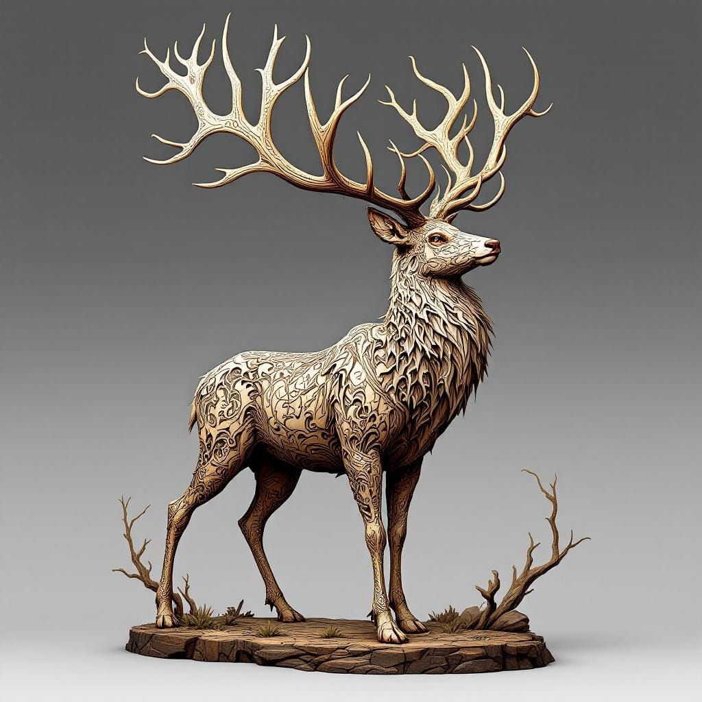 Majestic Fantasy Buck in Intarsia and Marquetry Style