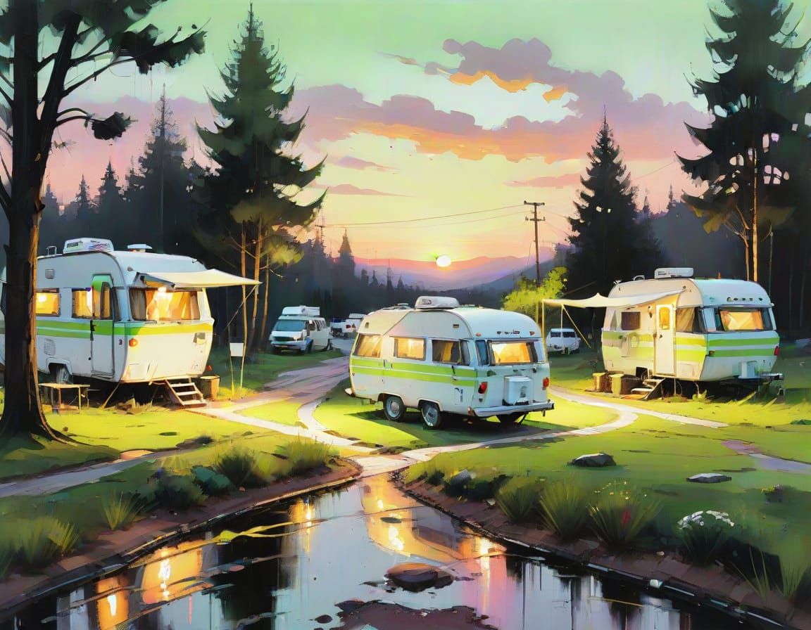 Camping Site Oil Painting at Golden Hour