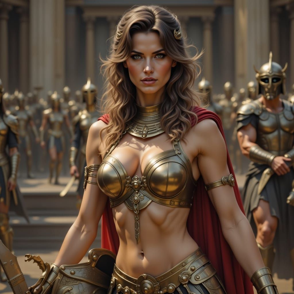Powerful Goddess Athena in Skimpy Bronze Armor