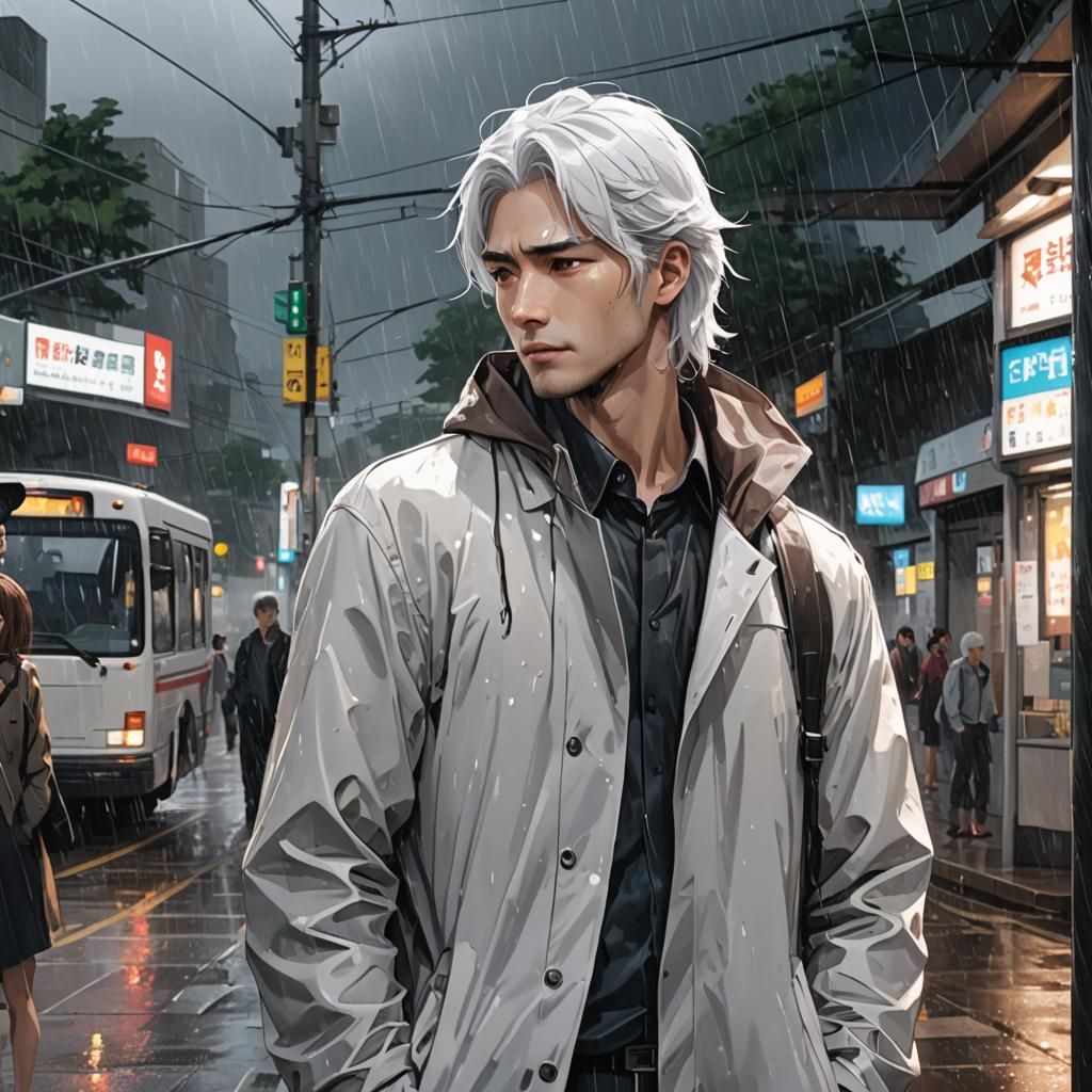 Korean Man and Woman at Bus Stop: Anime Style