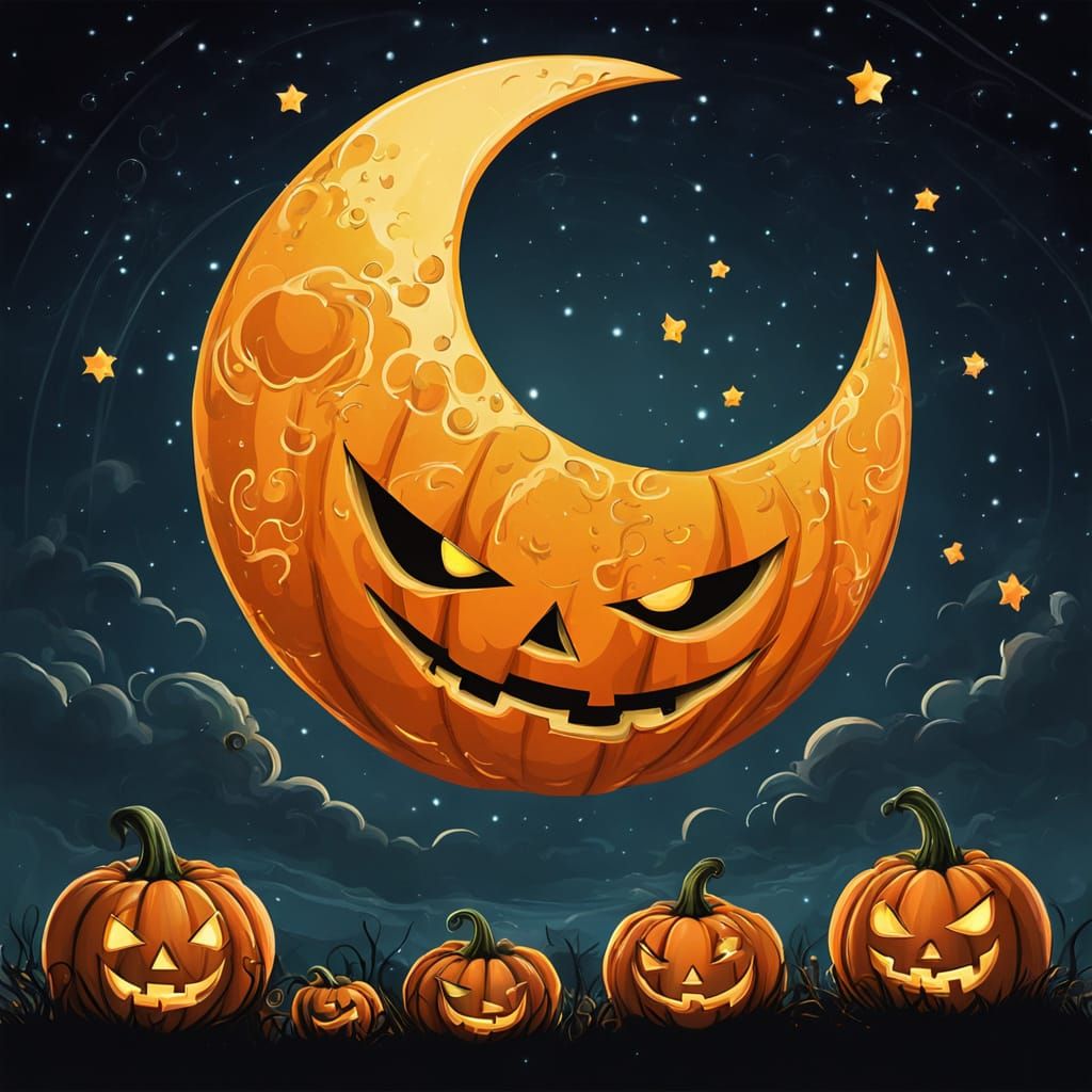 Cartoonish Pumpkin Moon in Night Sky
