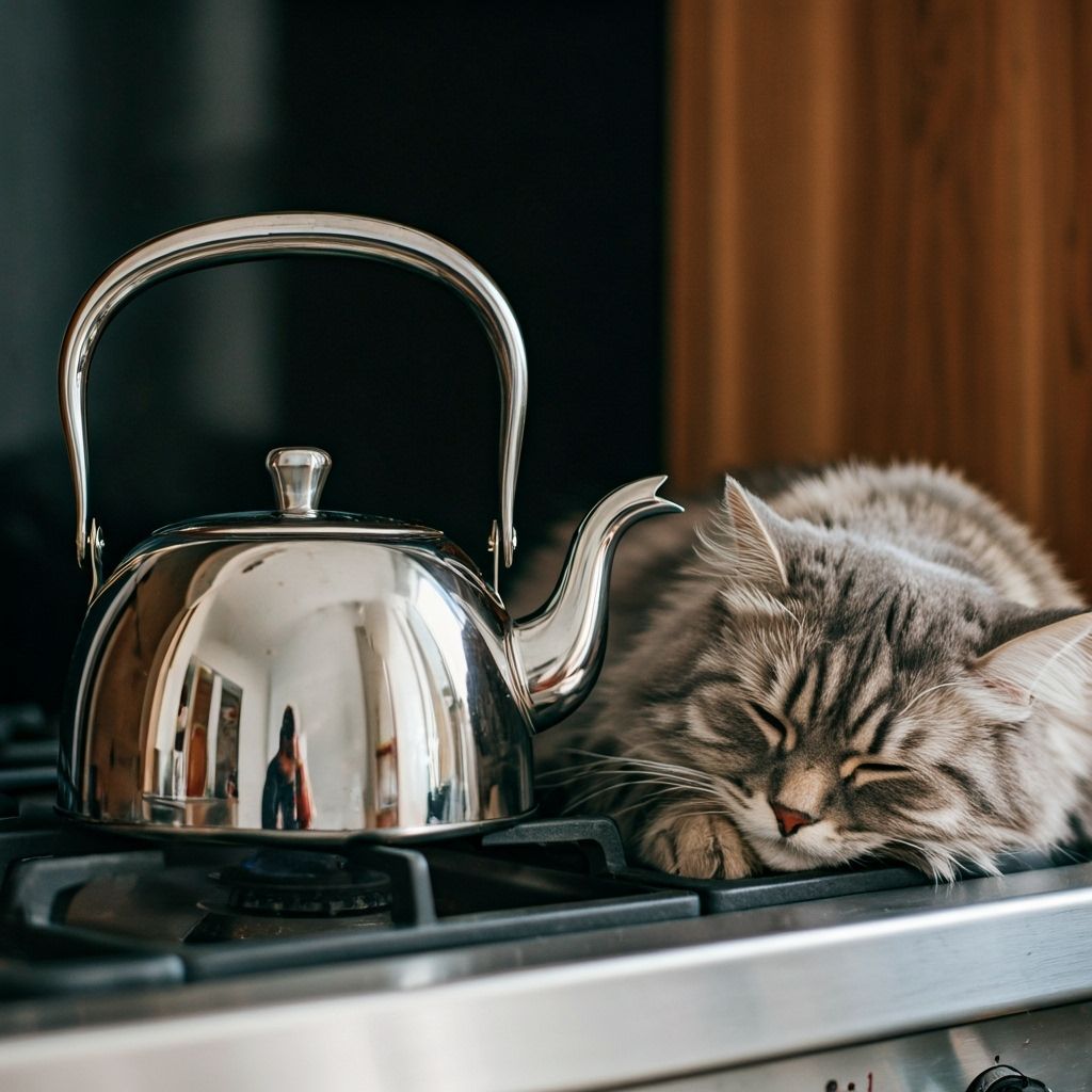 Fluffy Cat Warms Against Chrome Teapot on Stove