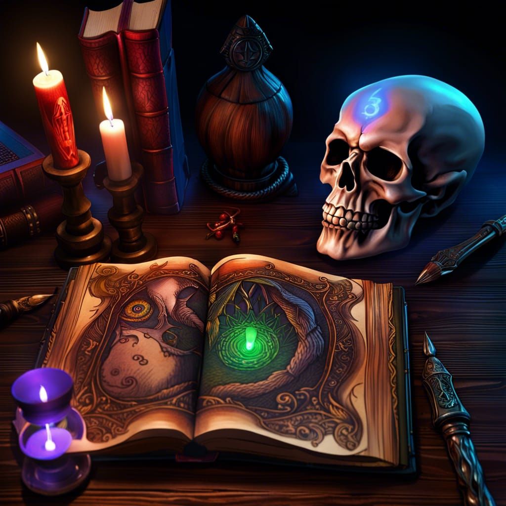 Sinister Necronomicon on Wooden Table, Dark Fantasy