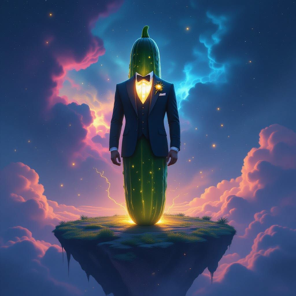 Concept art. A powerful cucumber with a stern expression, st...