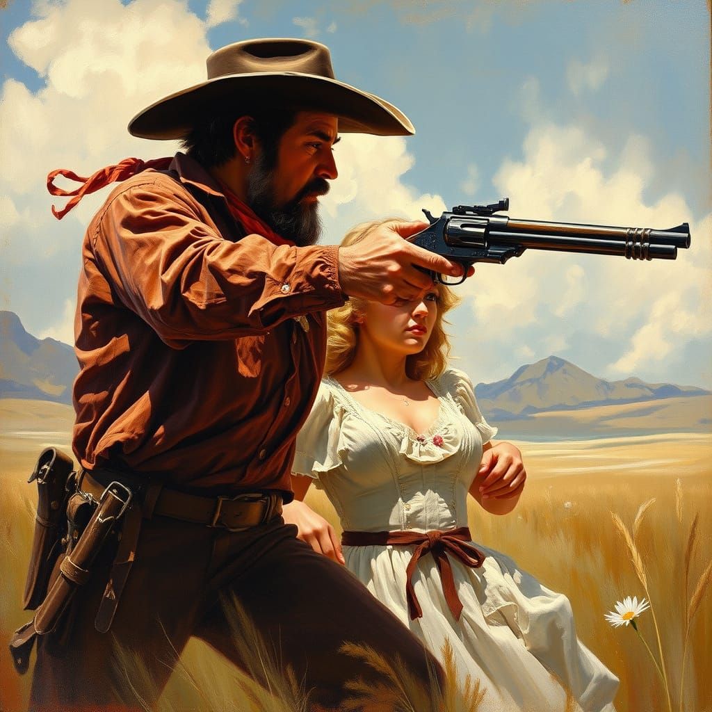 Dramatic Western Romanticism: Oil Painting of a Damsel in Di...