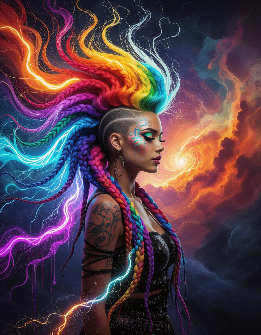 Cosmic Mohawk Woman in Psychedelic Cyberpunk