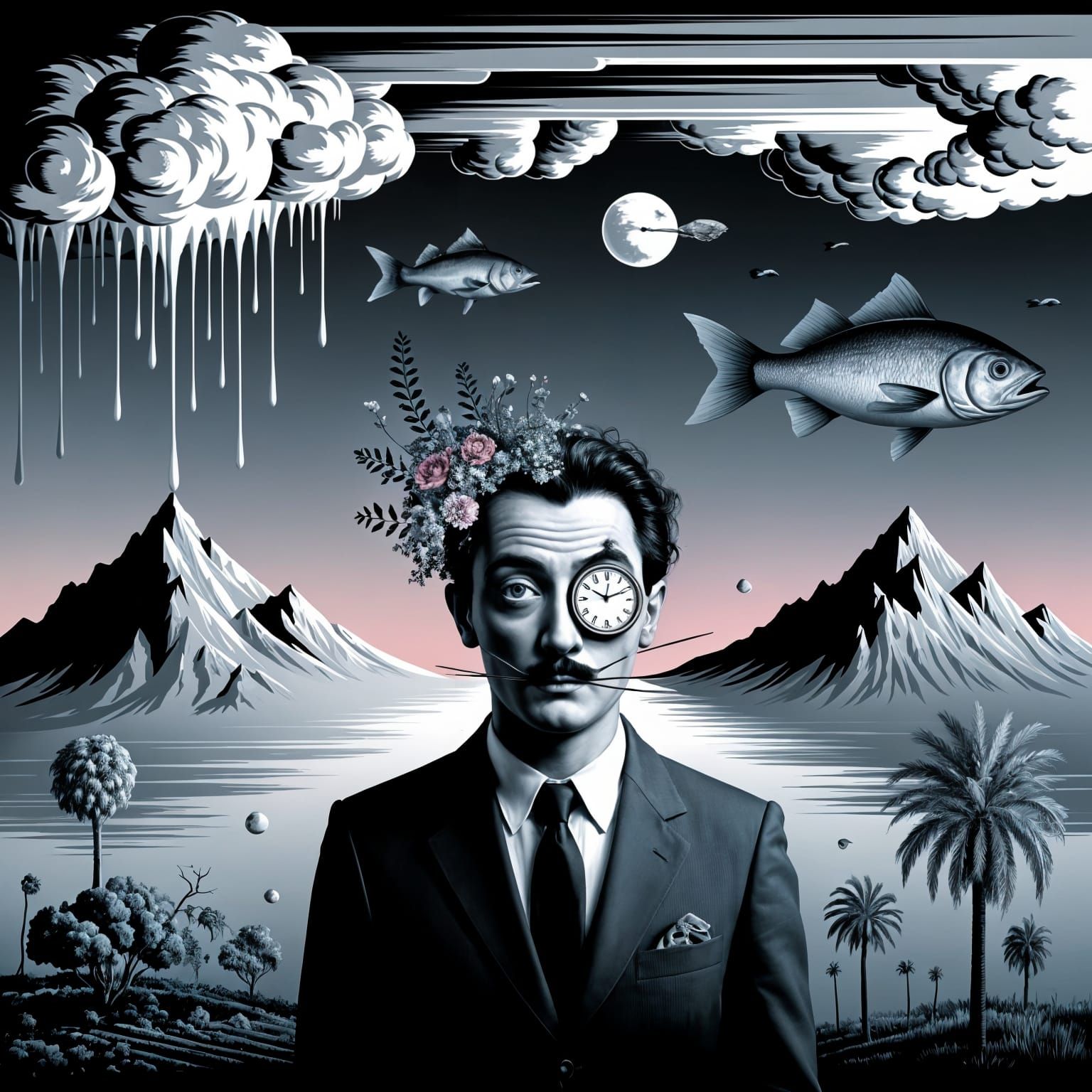 Dreamlike Surrealist Landscape with Melting Clock and Floati...