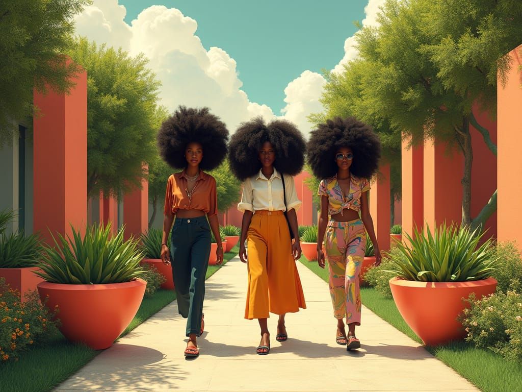 Young Women Stroll Through a Vibrant Modernist Park