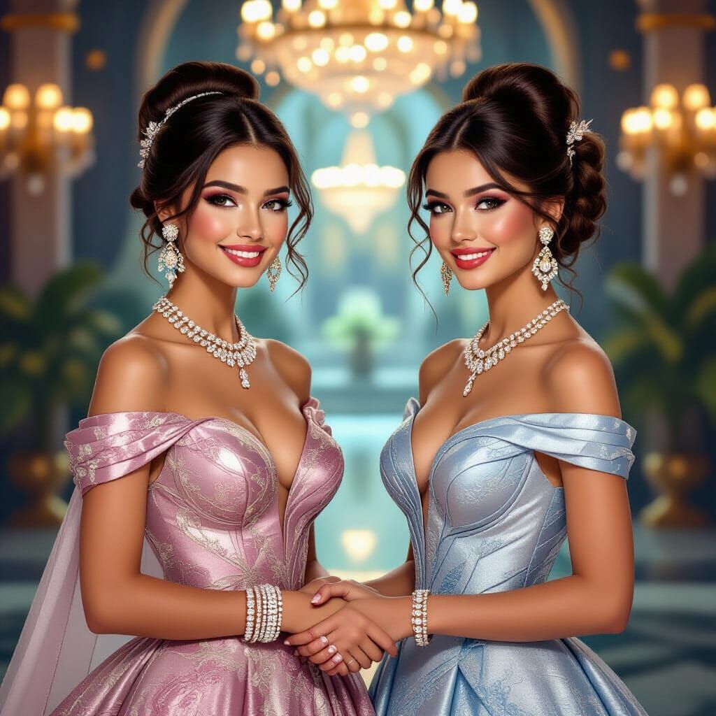 Elegant Twins in High Fashion Evening Wear
