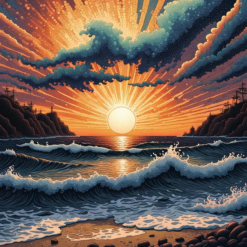 Kinetic pointillism of an ocean sunset. In the style of Father Arthur Poulin, post-impressionism , Mark Brooks and Dan M...