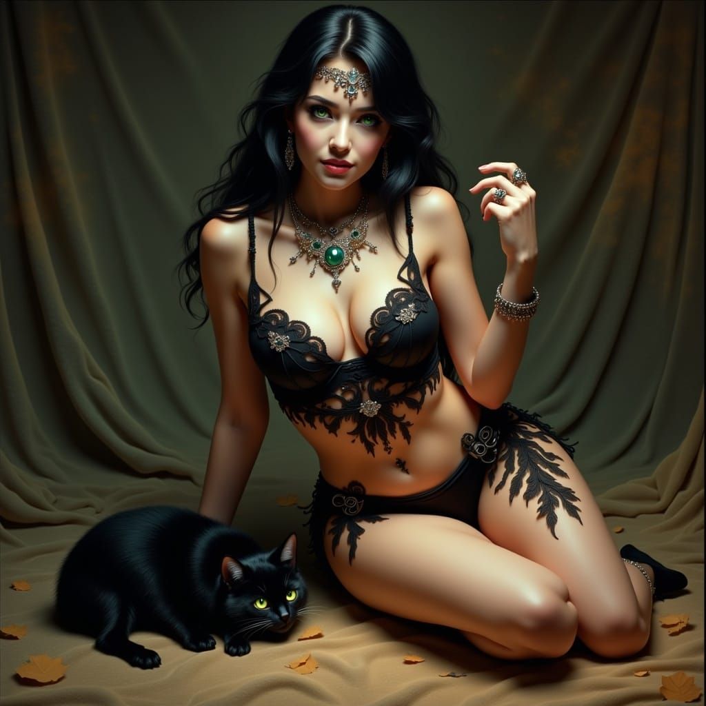 Beautiful Woman in Lingerie with Black Cat