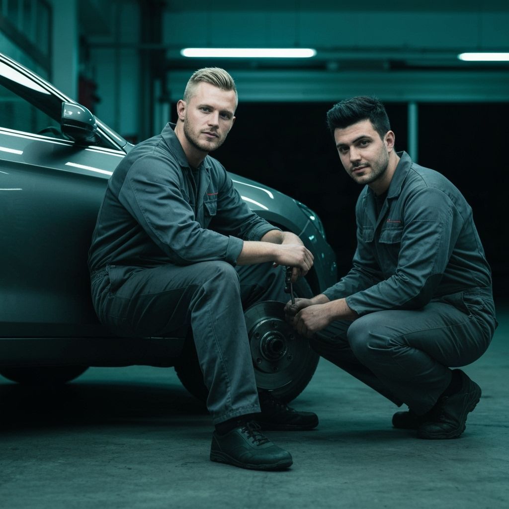 Two Handsome Mechanics Fixing Car Brakes in Garage