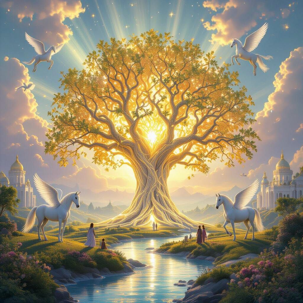 Radiant Tree of Life in a Serene Paradise Landscape