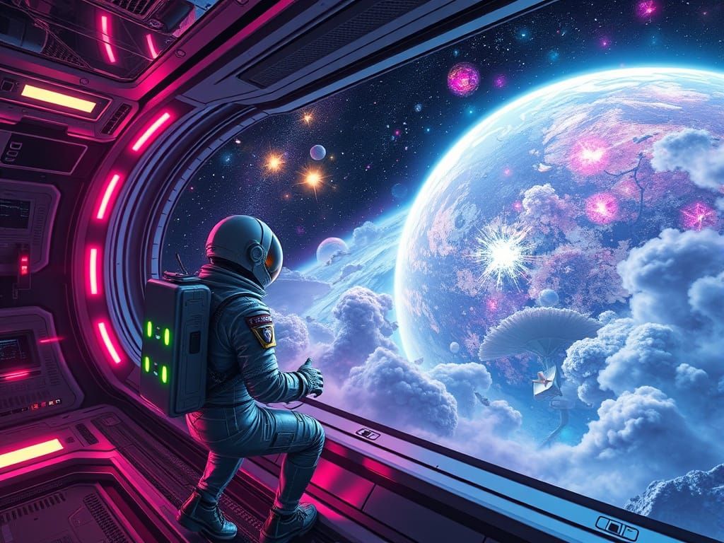 Astronauts Gaze at Iridescent Planet in Futuristic Spaceship