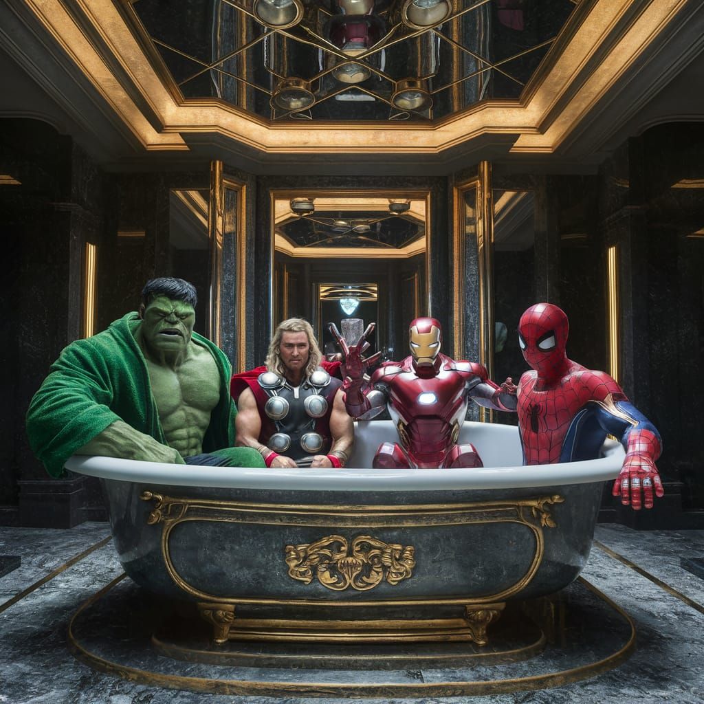 Marvel Heroes Relaxing in Luxurious Bathtub