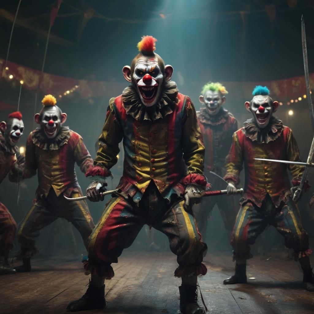 Zombie Monkey Clowns Fencing in Abandoned Circus