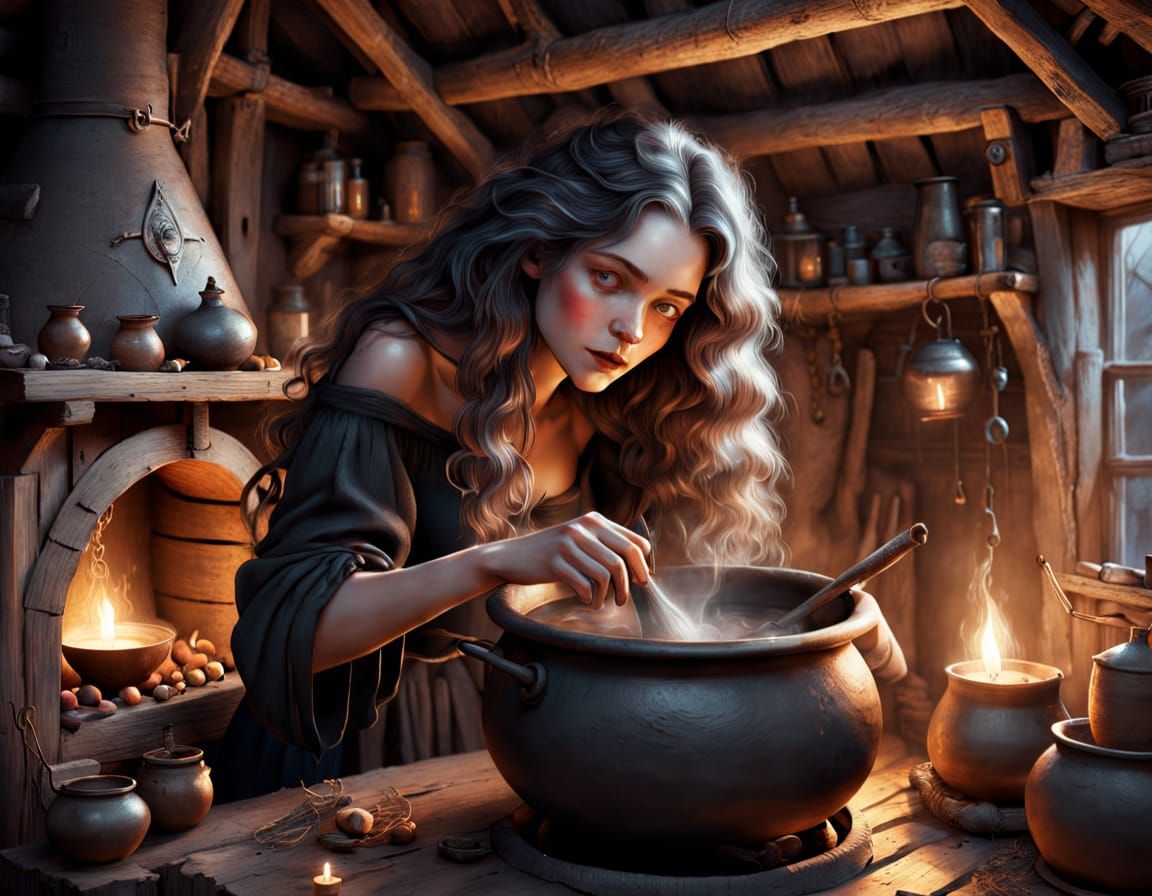 Beautiful Tired Witch Portrait in Poulbot Style