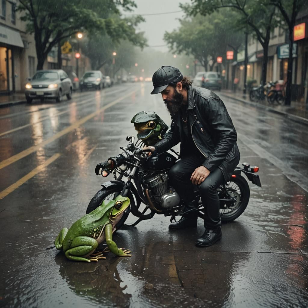 Biker Helping Frog in Rainy Street Scene